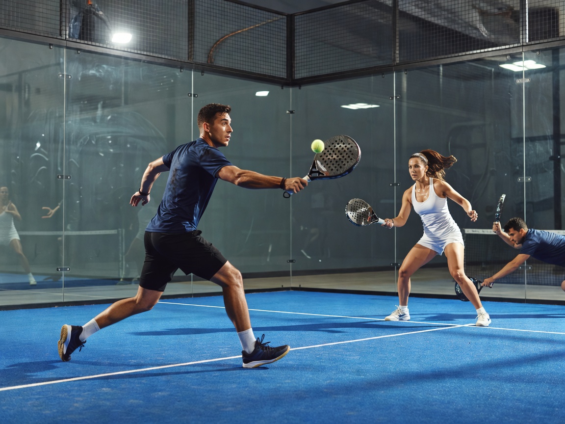 Photorealistic action shot of padel players inside a modern glass-walled court, authentic sports photography