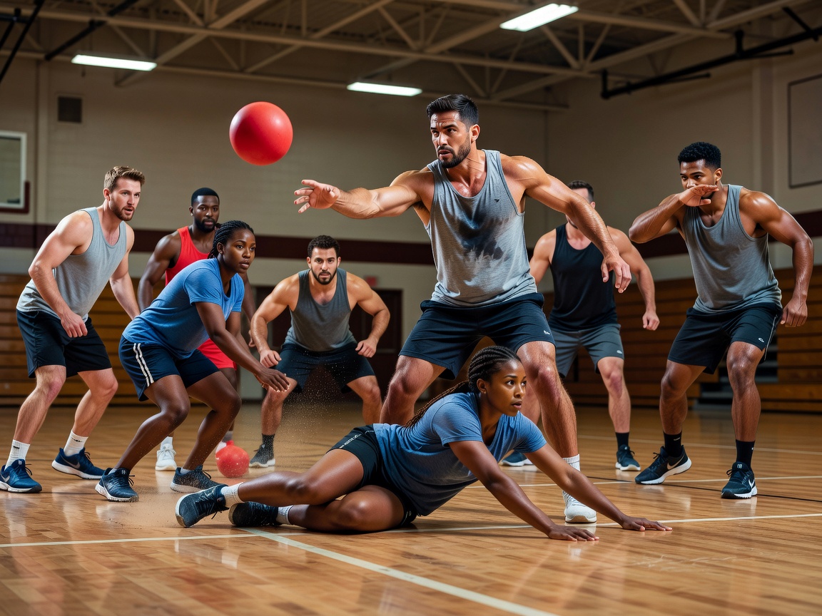 Photorealistic photography of adults playing an intense game of dodgeball in an indoor gymnasium, action shot