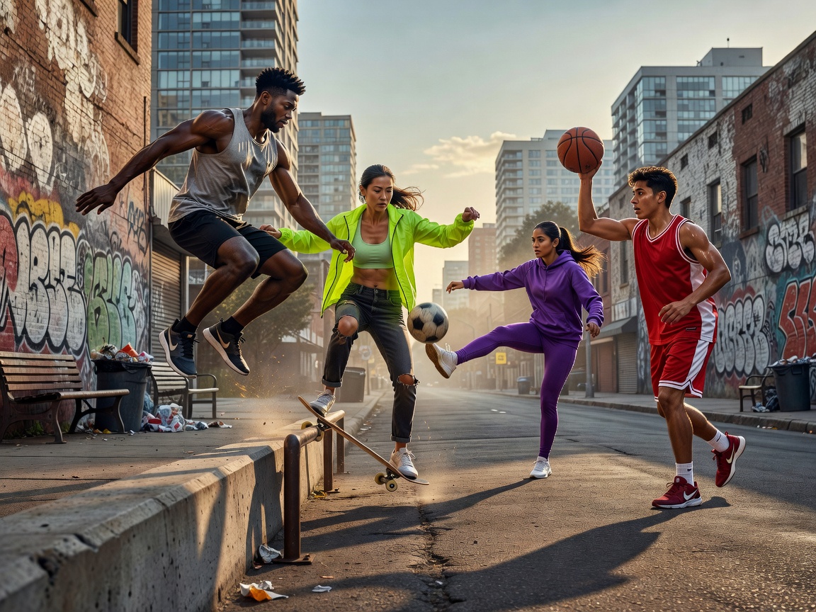 Photorealistic editorial sports photography of diverse athletes engaging in modern urban sports, natural lighting, highly detailed