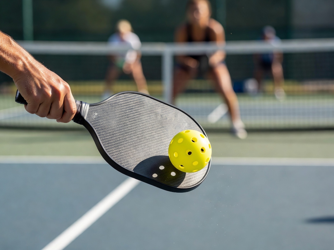 Photorealistic sports photography of a pickleball match, focusing on the paddle hitting the ball, natural depth of field