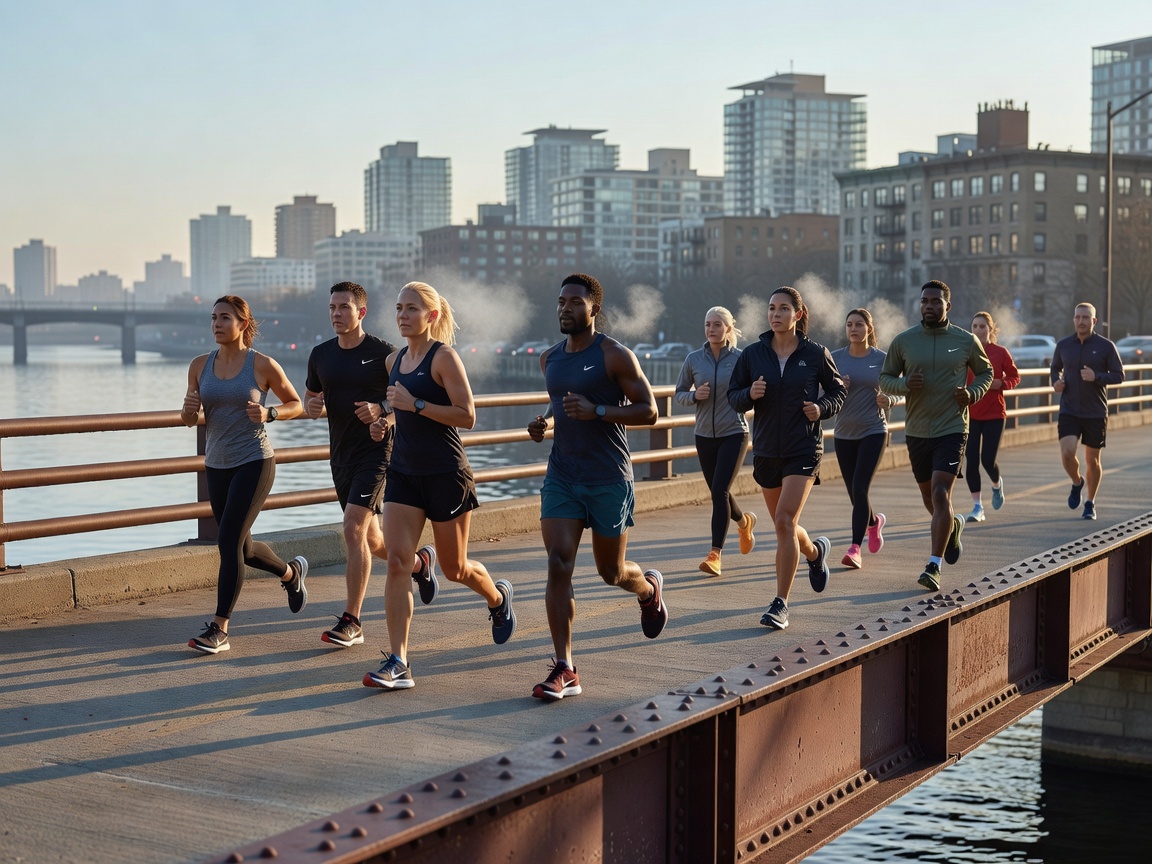 Photorealistic photography of a running group jogging together on a city bridge in the morning, realistic people and natural lighting