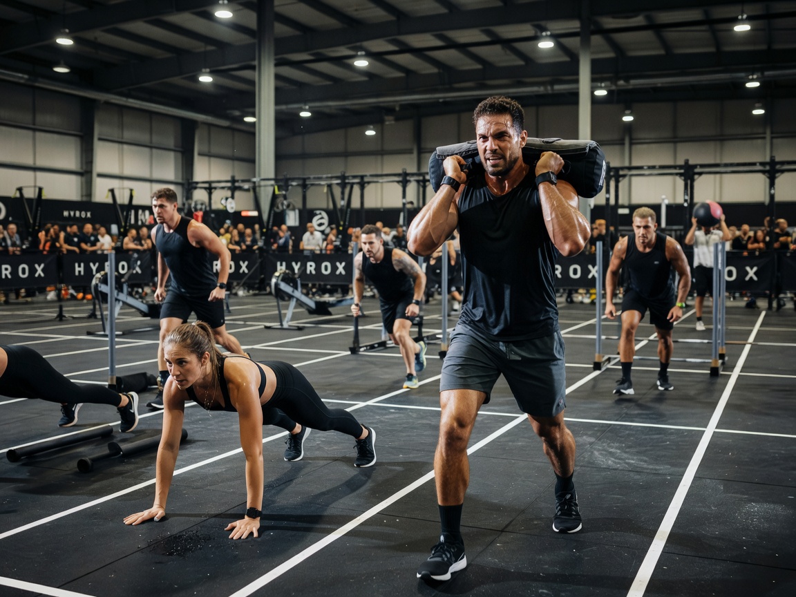 Realistic editorial photo of a HYROX functional training competition with athletes working out, high quality