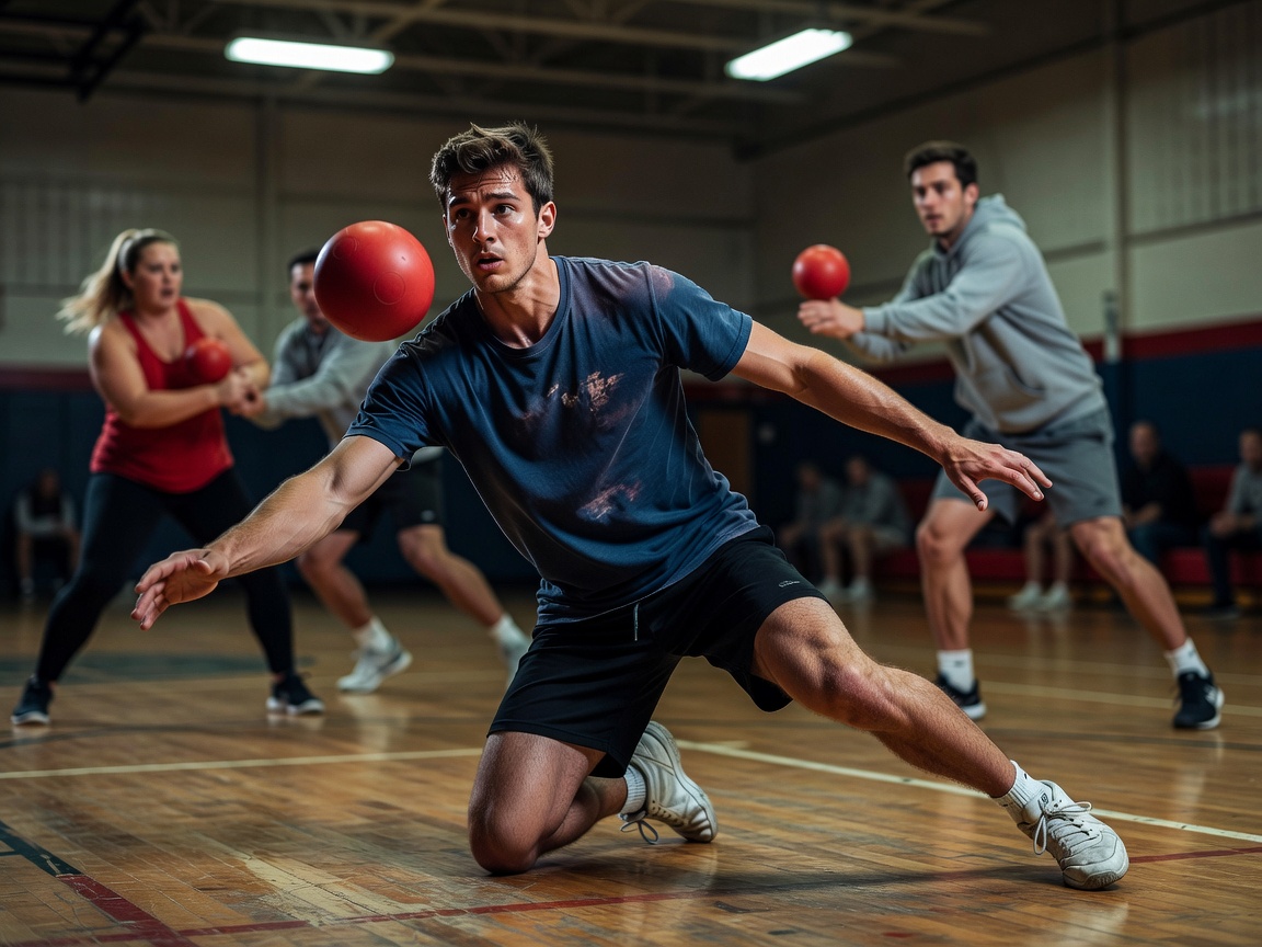 Realistic editorial photography of a fast-paced dodgeball game, player dodging a ball, authentic sports feel
