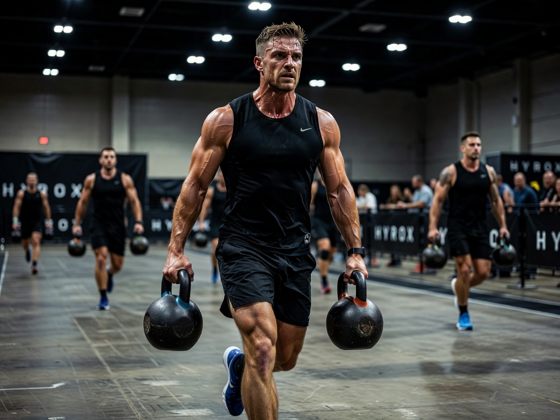 Realistic editorial sports photography of an athlete carrying kettlebells in a HYROX indoor competition, highly detailed