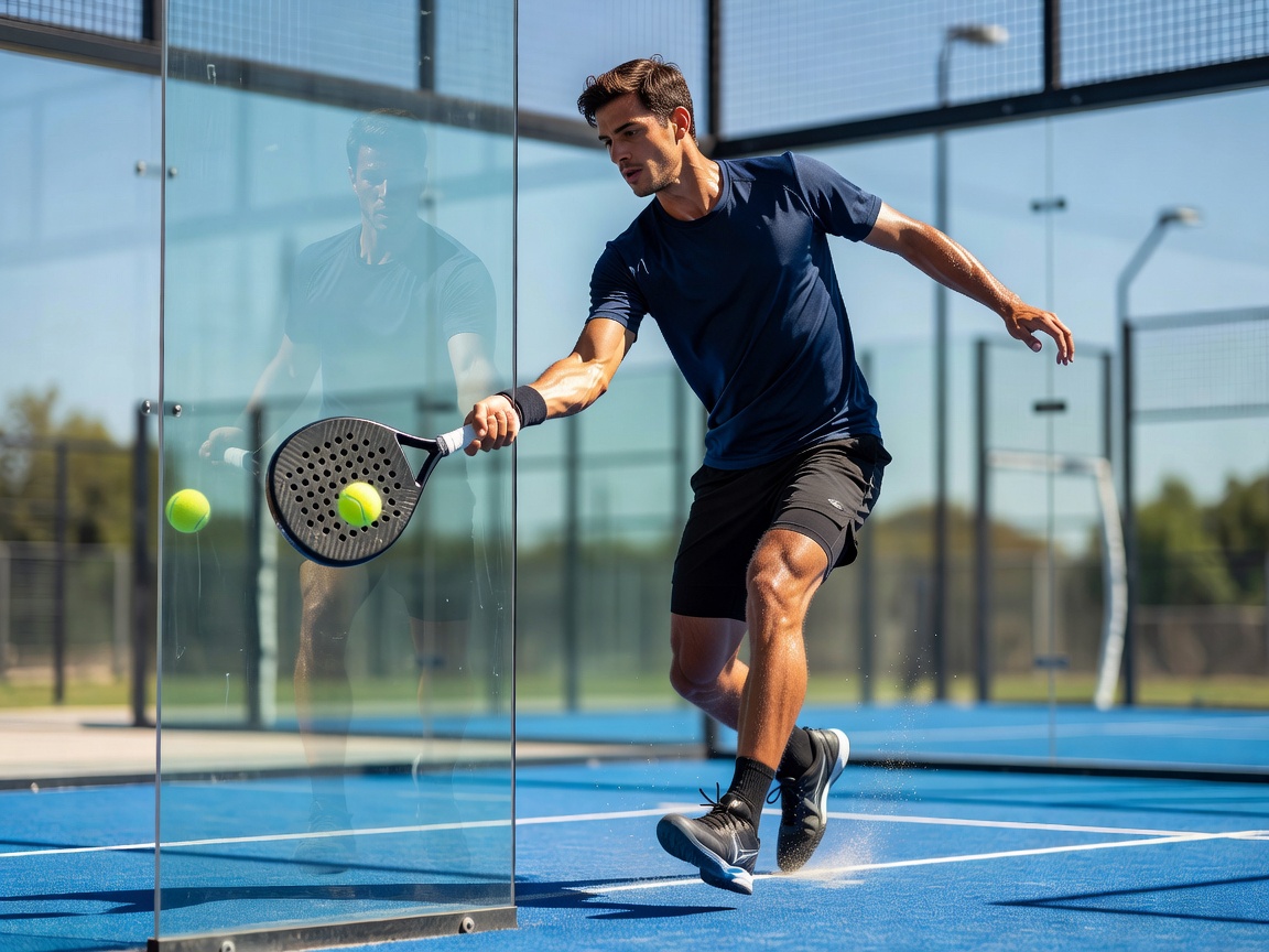 Realistic sports photography of a padel player hitting a ball off a glass wall on an outdoor court, professional editorial style