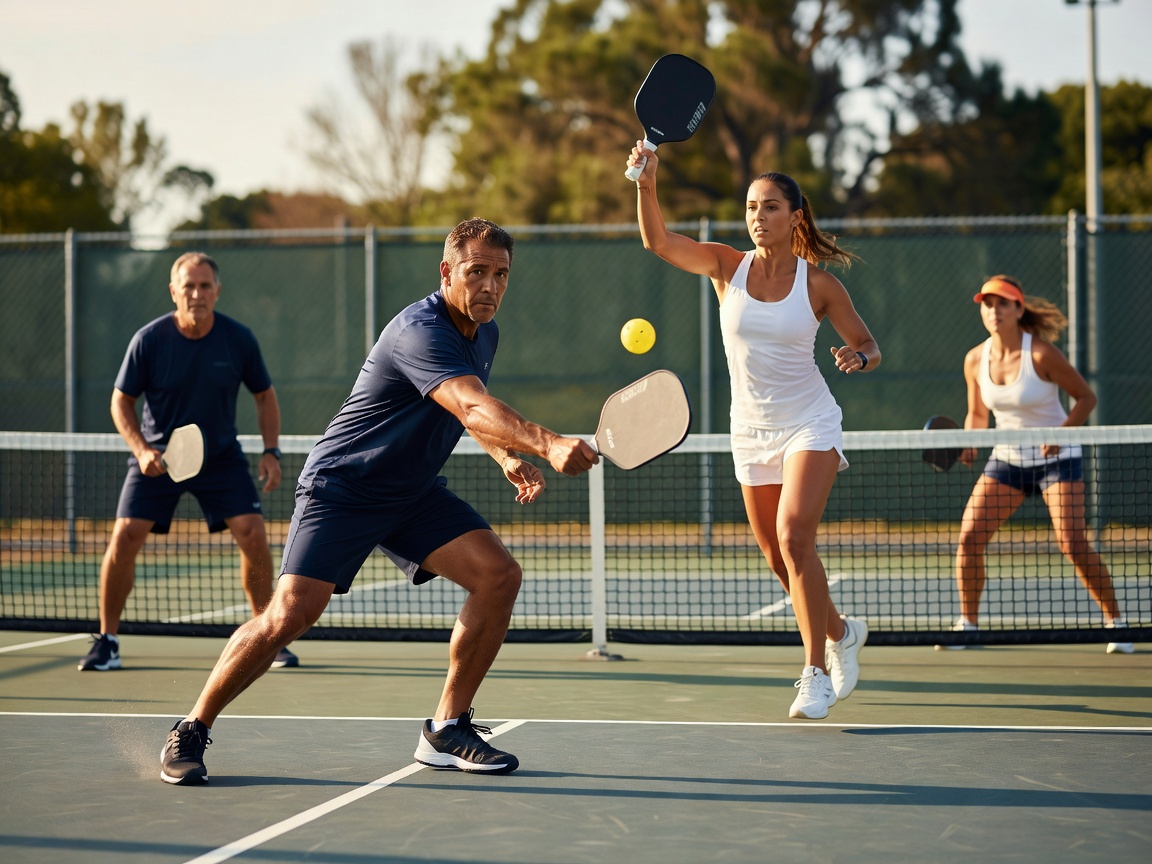 Realistic photography of active pickleball players on a sunny outdoor court, natural lighting