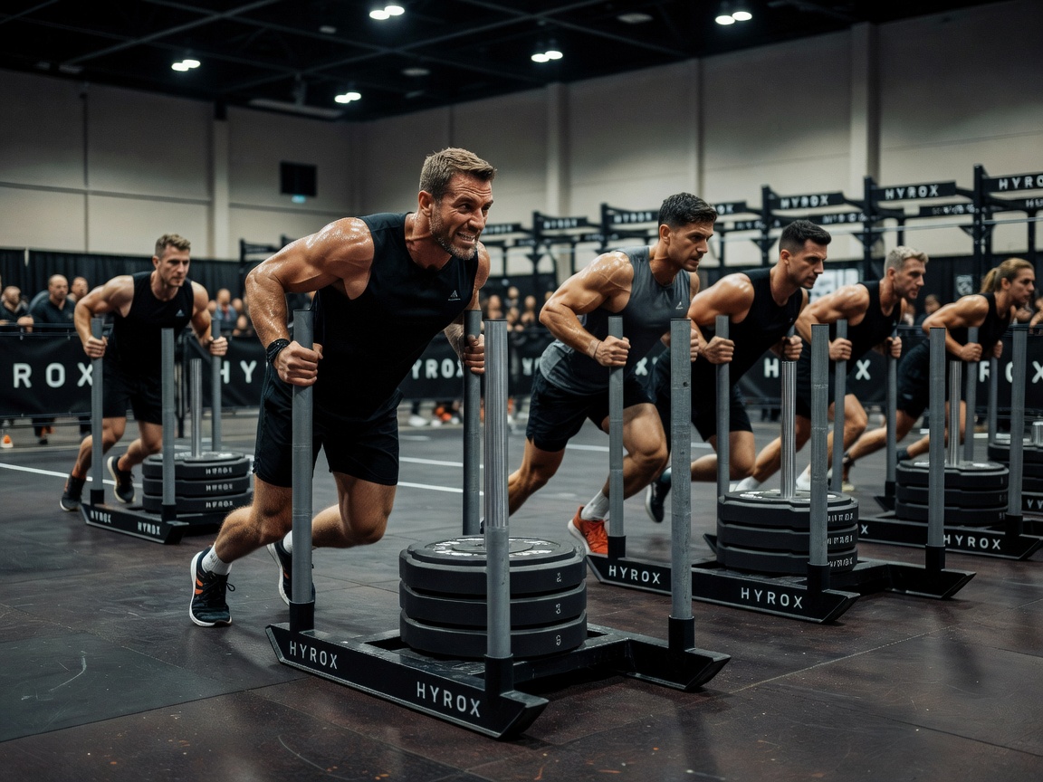 Realistic sports photography of athletes competing in a HYROX indoor fitness event, pushing sleds, professional lighting