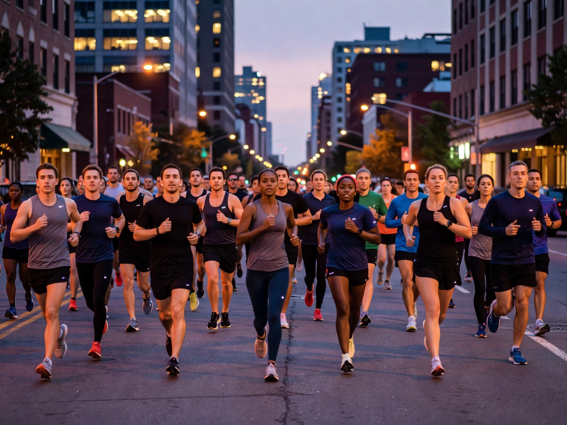 Realistic sports photography of a large group of urban runners jogging through city streets at dusk, natural motion